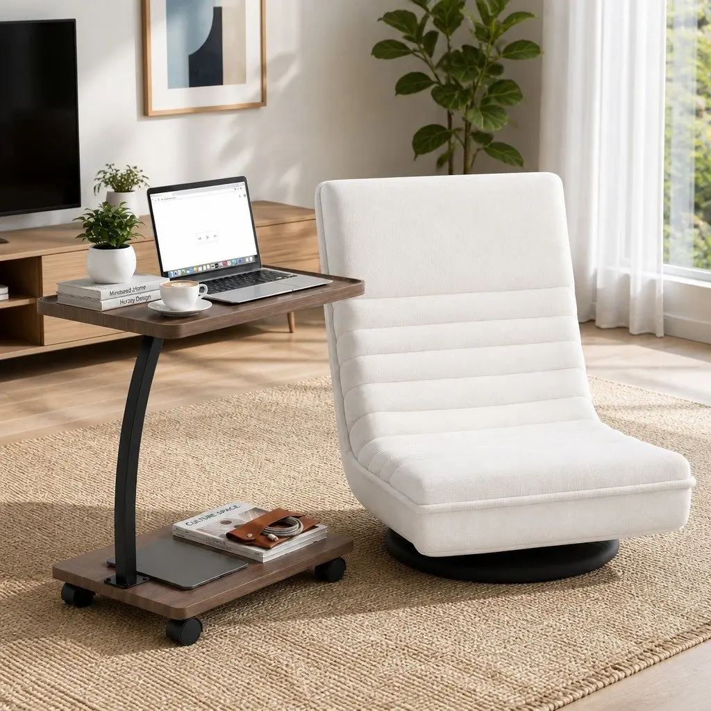 Floor Lounge Chair Faux Linen 45cm White with Mobile Side Table C-Shaped 30cm Walnut or Black Set