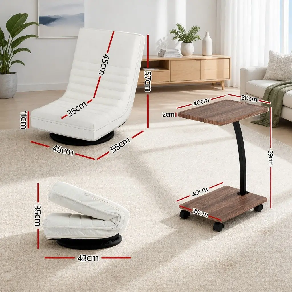 Floor Lounge Chair Faux Linen 45cm White with Mobile Side Table C-Shaped 30cm Walnut or Black Set