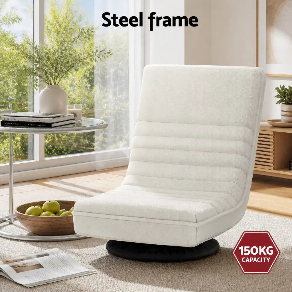 Floor Lounge Chair Faux Linen 45cm White with Mobile Side Table C-Shaped 30cm Walnut or Black Set