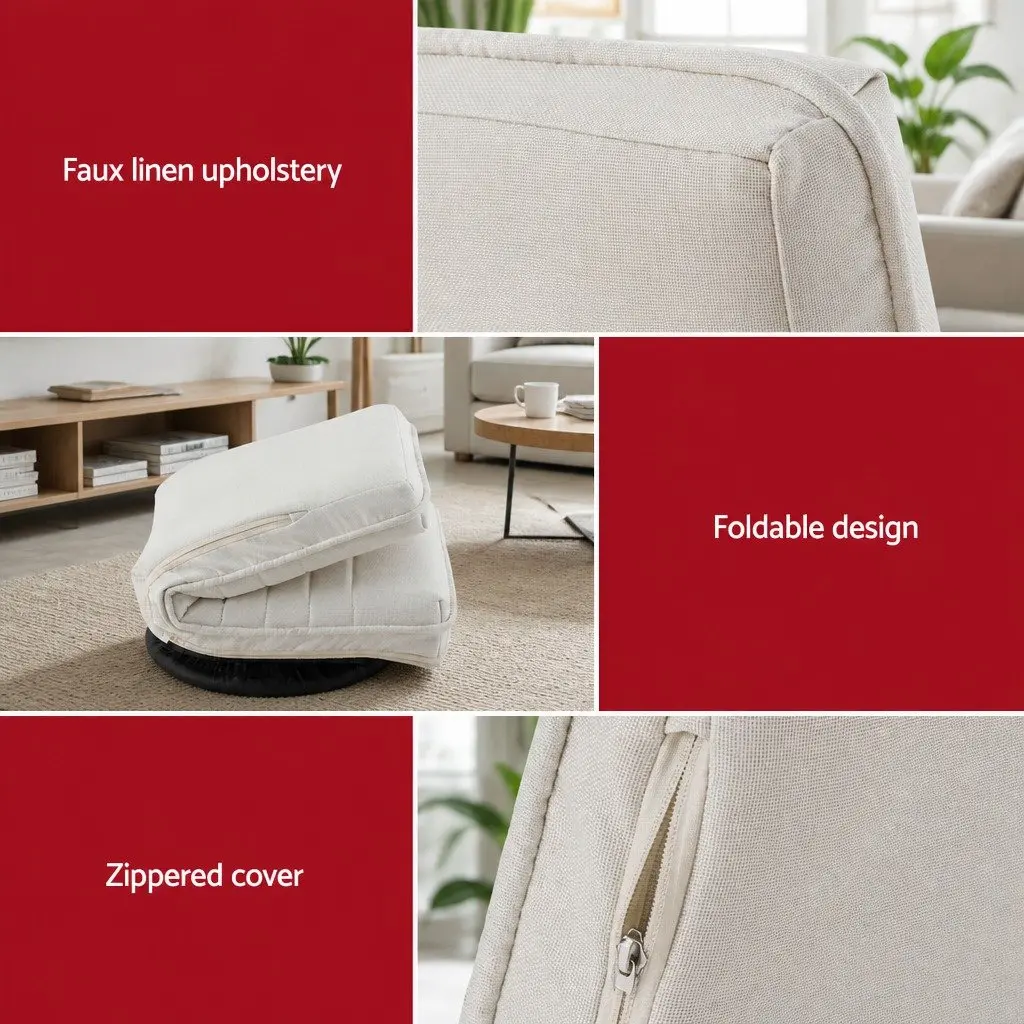 Floor Lounge Chair Faux Linen 45cm White with Mobile Side Table C-Shaped 30cm Walnut or Black Set