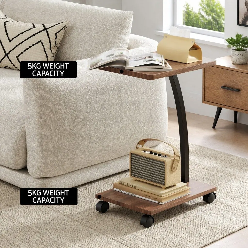 Floor Lounge Chair Faux Linen 45cm White with Mobile Side Table C-Shaped 30cm Walnut or Black Set
