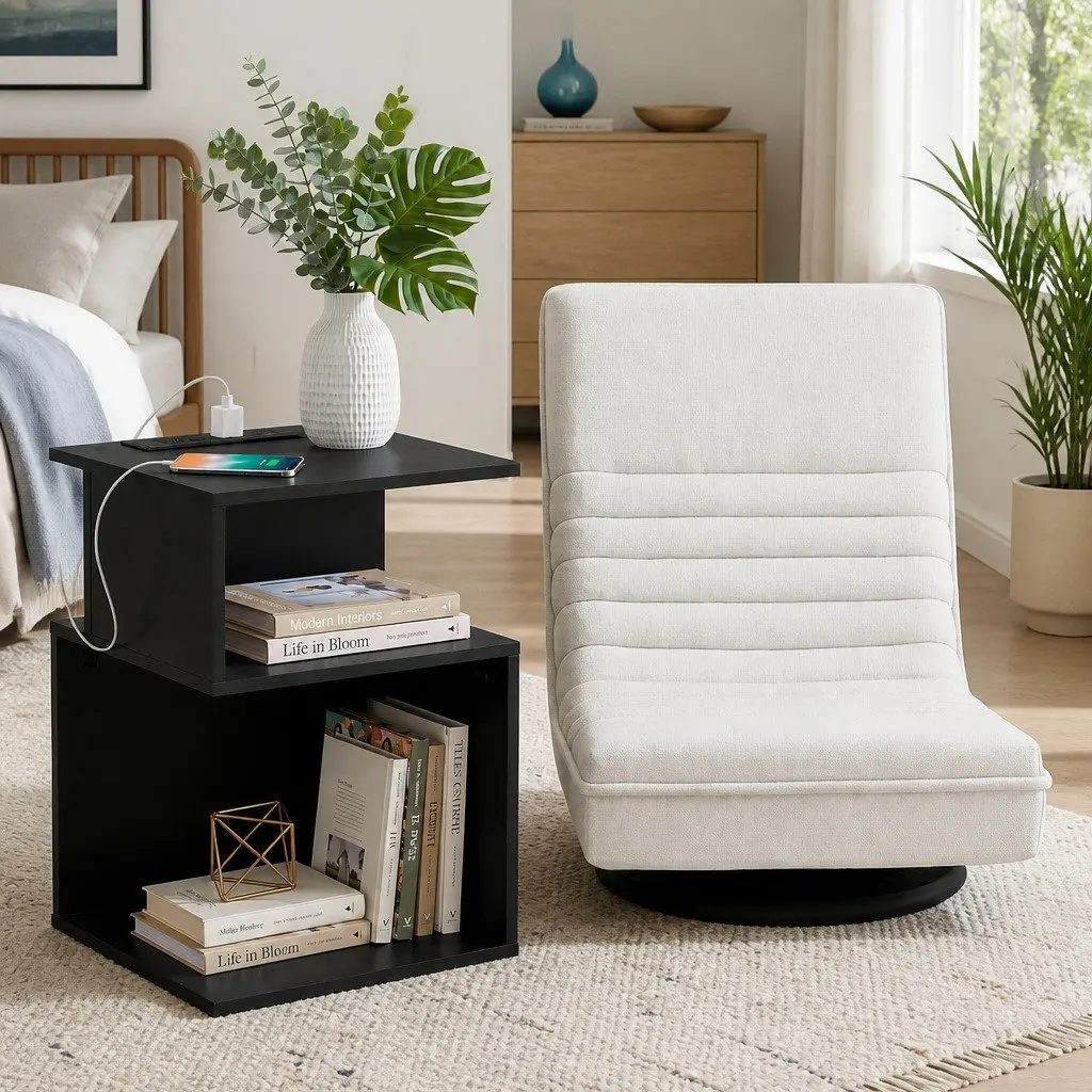 Swivel Floor Chair Faux Linen Fabric White and Bedside Table Particle Board Black Bundle