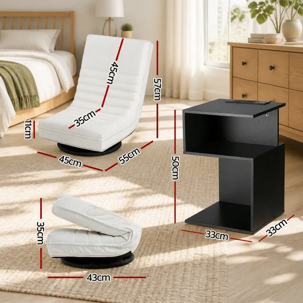 Swivel Floor Chair Faux Linen Fabric White and Bedside Table Particle Board Black Bundle