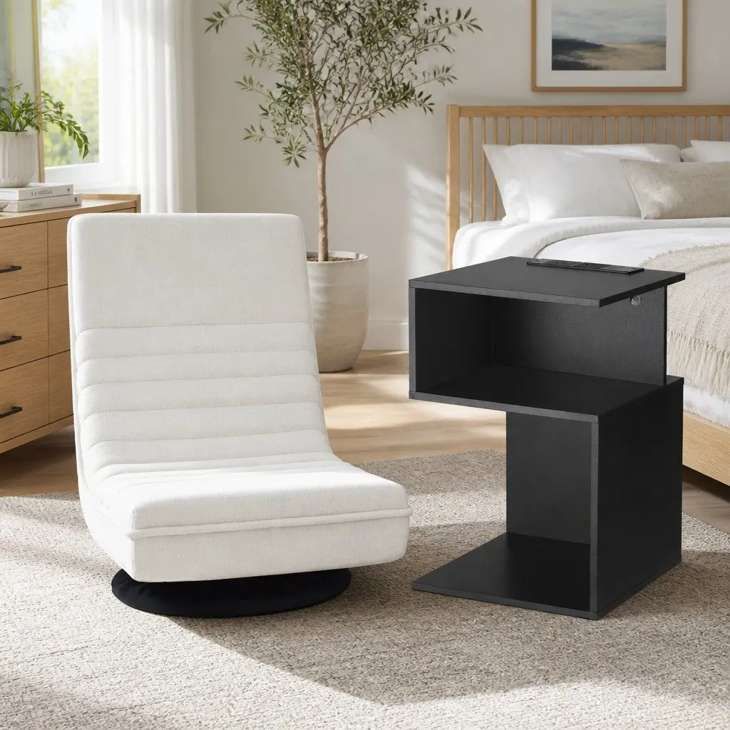 Swivel Floor Chair Faux Linen Fabric White and Bedside Table Particle Board Black Bundle