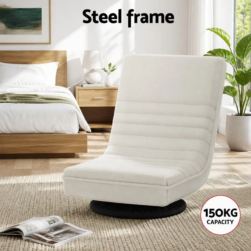 Swivel Floor Chair Faux Linen Fabric White and Bedside Table Particle Board Black Bundle