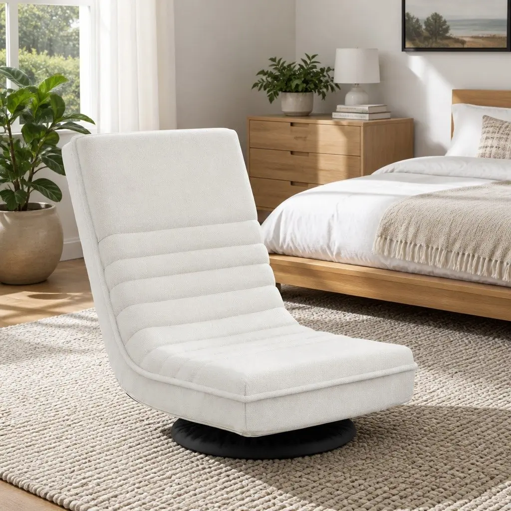Swivel Floor Chair Faux Linen Fabric White and Bedside Table Particle Board Black Bundle