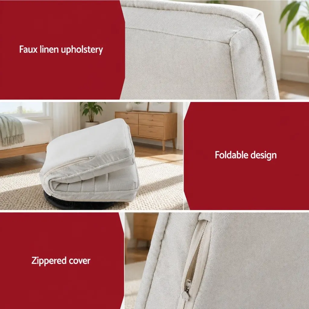 Swivel Floor Chair Faux Linen Fabric White and Bedside Table Particle Board Black Bundle