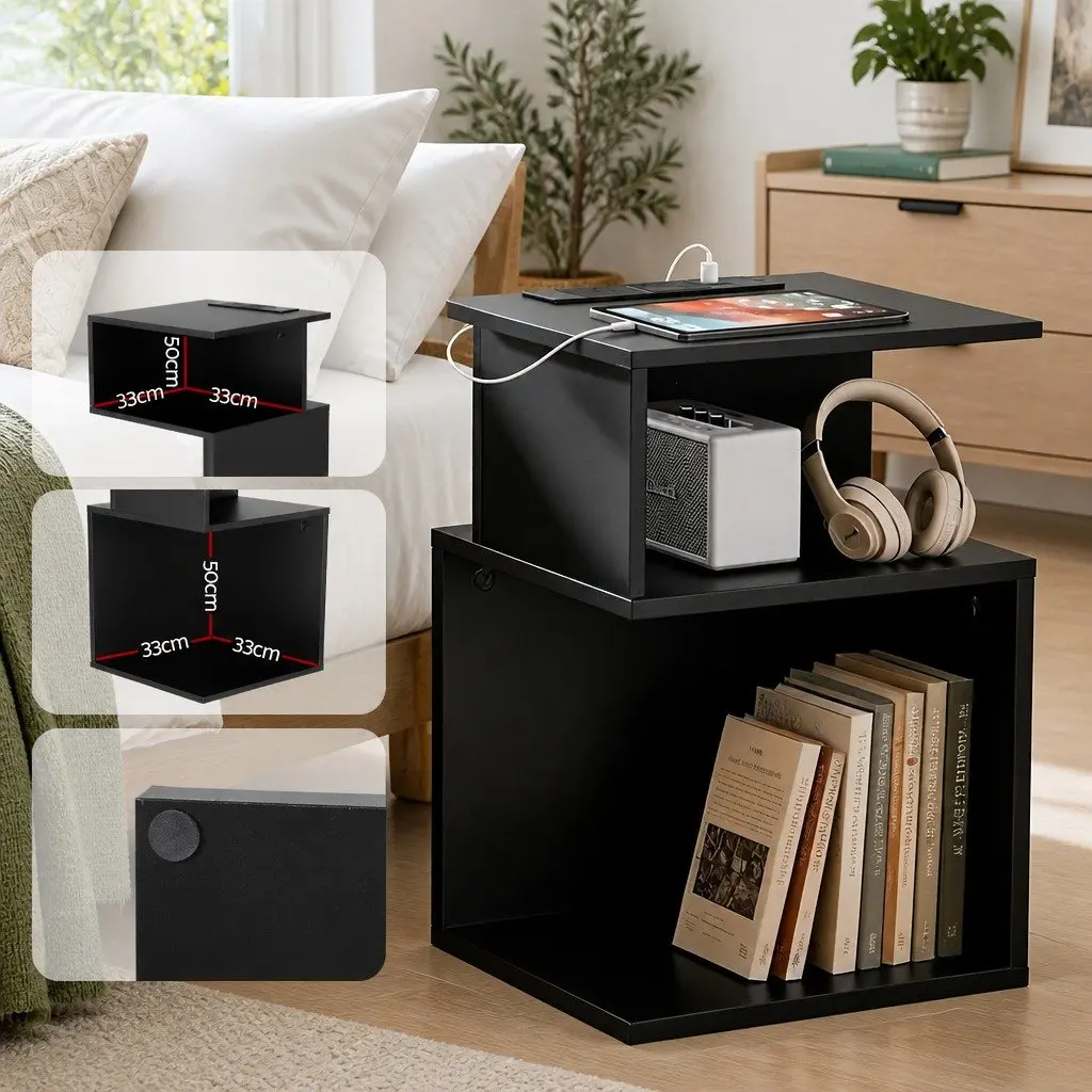 Swivel Floor Chair Faux Linen Fabric White and Bedside Table Particle Board Black Bundle