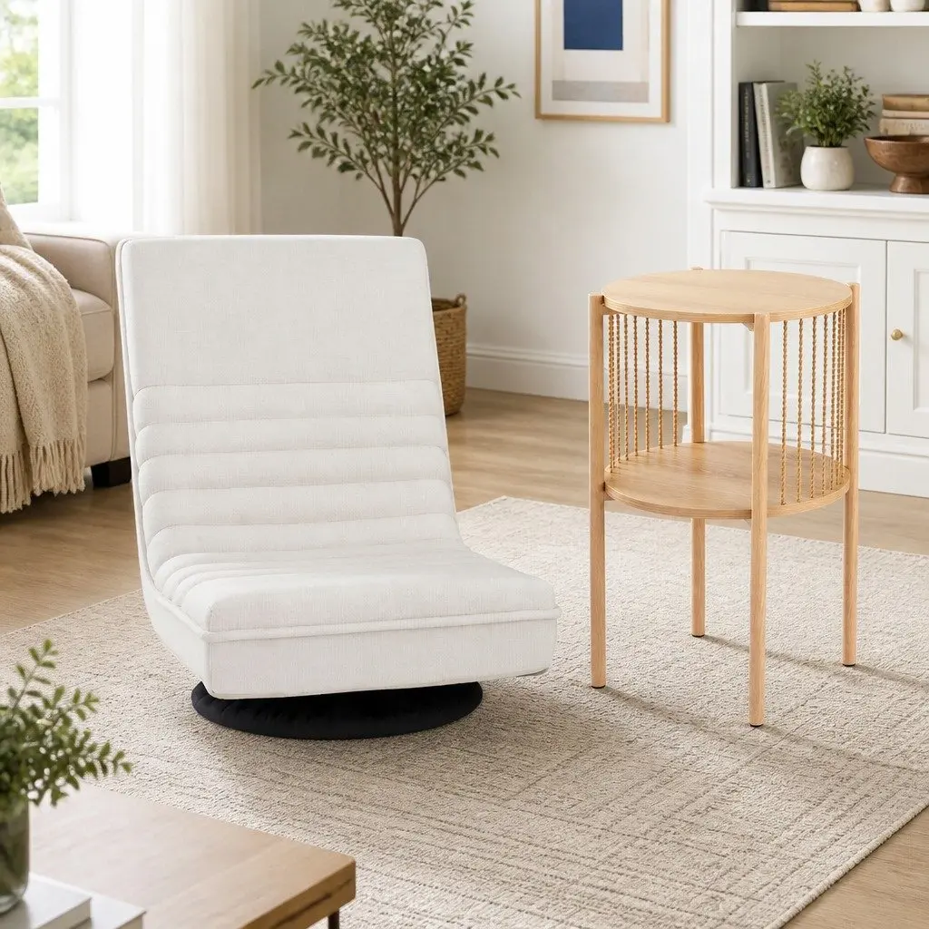 Floor Lounge Chair Folding Swivel with 2 Tier Round Side Table Bundle White Pine