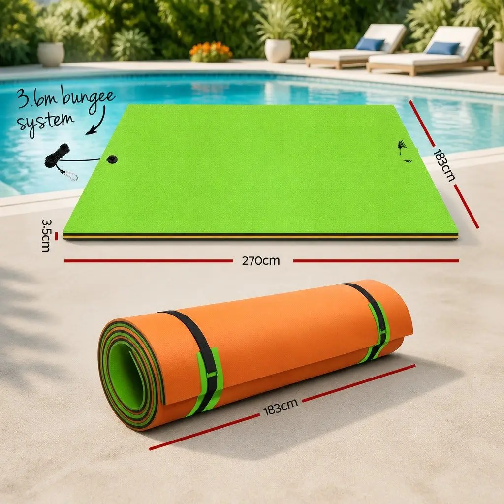 Floating Mat Foam Pad 2.7x1.8m Three Layer Construction for Exercise and Relaxation in Orange Black Green