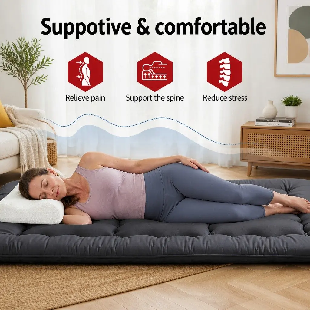 Double Mattress 10cm Thick Foldable Japanese Floor Futon Black Microfibre