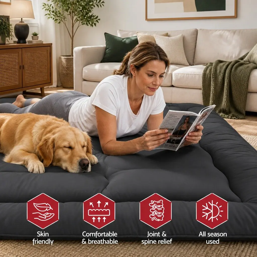 Double Mattress 10cm Thick Foldable Japanese Floor Futon Black Microfibre