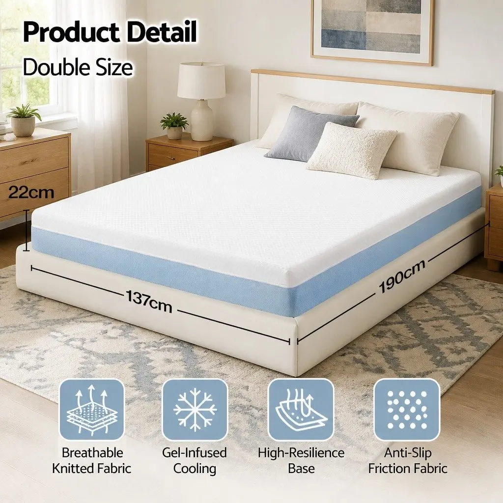 Memory Foam Mattress Double Cooling Gel 22cm Medium Firm White Blue Support Knitted Fabric