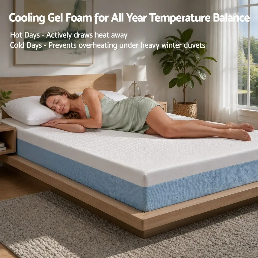 Memory Foam Mattress Topper Queen Size 22cm Medium Firm Cooling Gel White and Blue