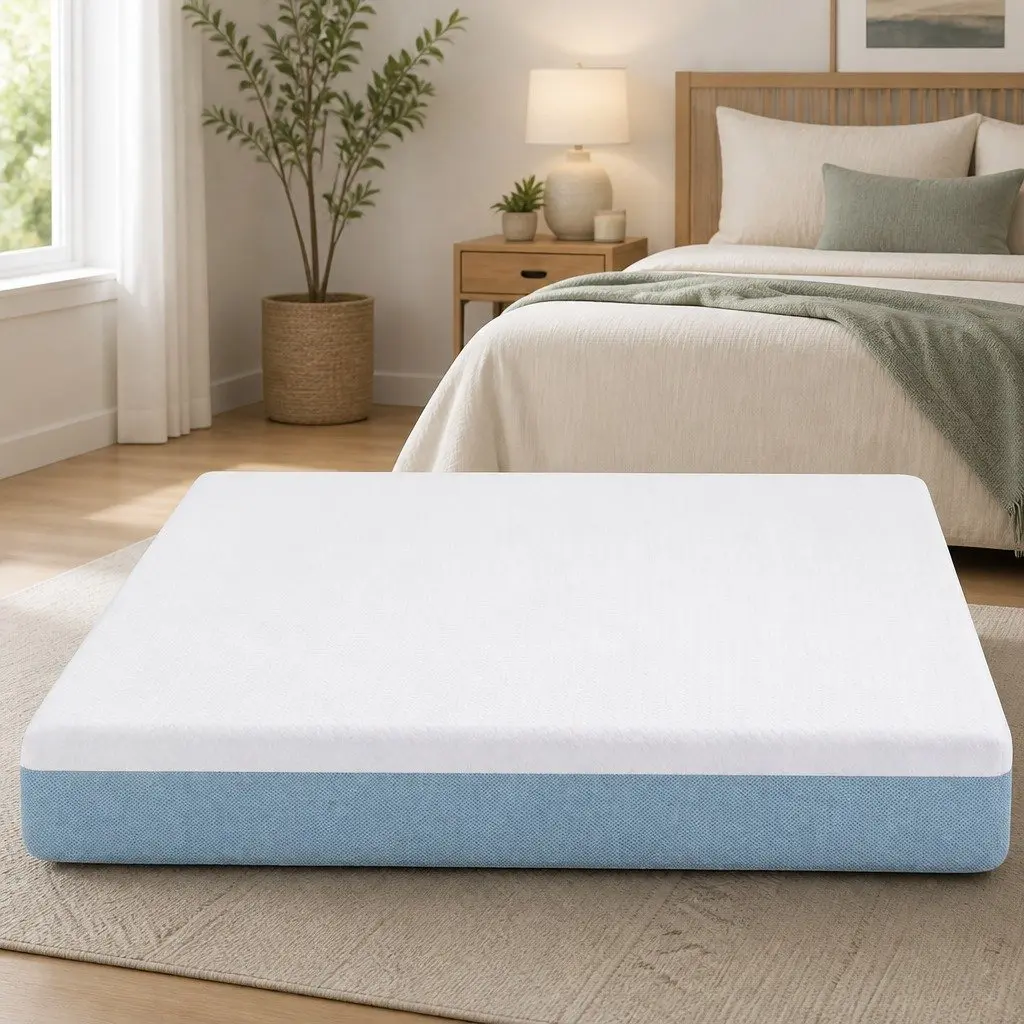 Memory Foam Mattress Topper Queen Size 22cm Medium Firm Cooling Gel White and Blue