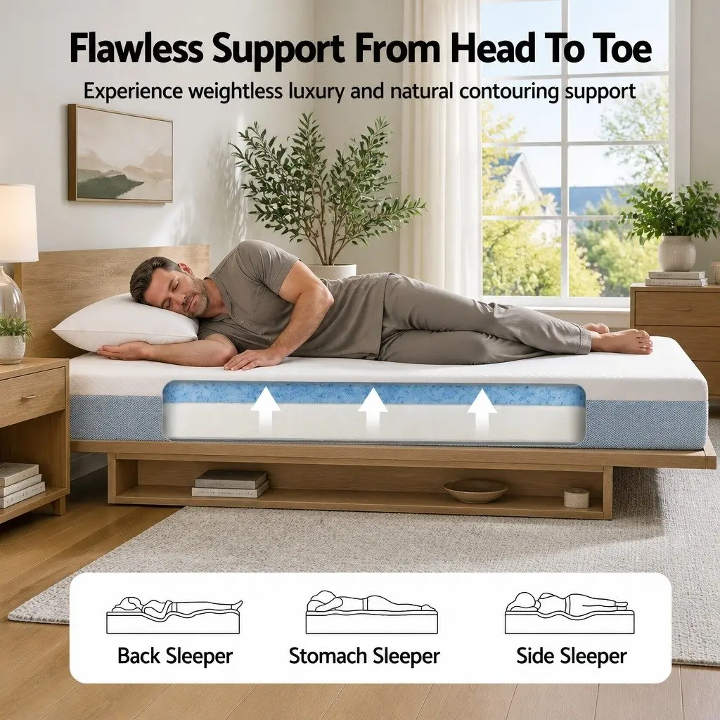 Memory Foam Mattress Topper Queen Size 22cm Medium Firm Cooling Gel White and Blue