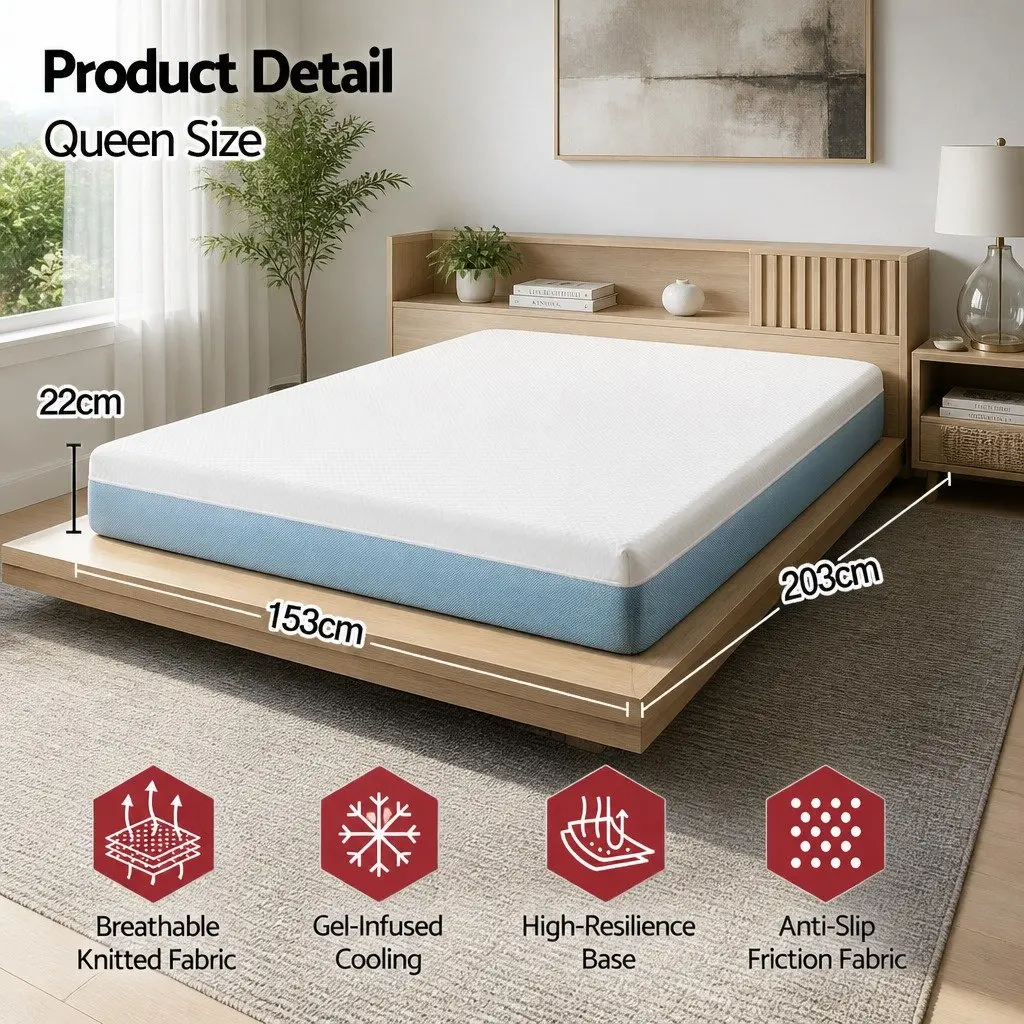 Memory Foam Mattress Topper Queen Size 22cm Medium Firm Cooling Gel White and Blue