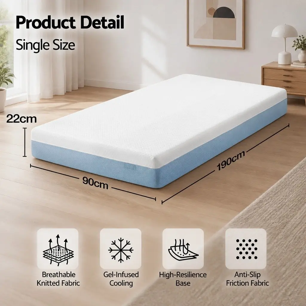 Memory Foam Mattress Cooling Gel Single 22cm Medium Firm White and Blue