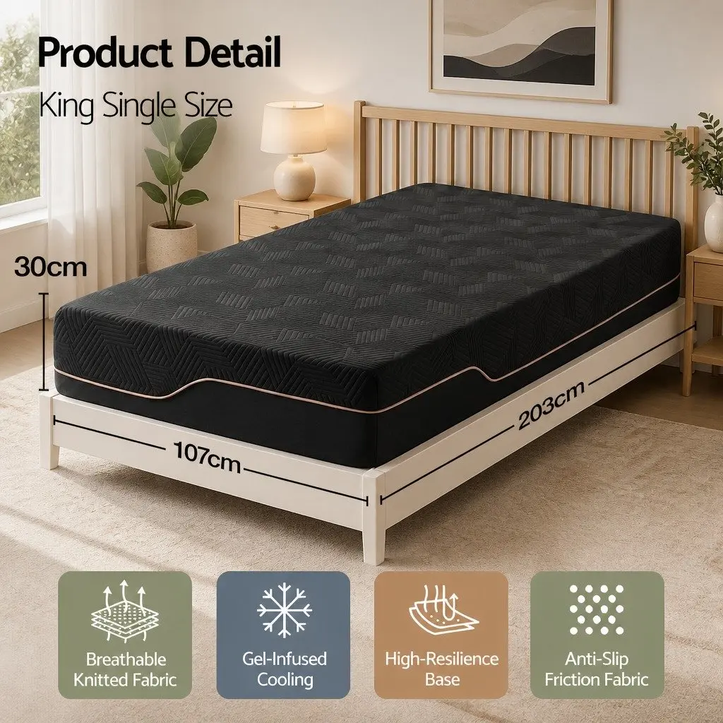 Memory Foam Mattress 30cm Dual Gel Cooling King Single Black