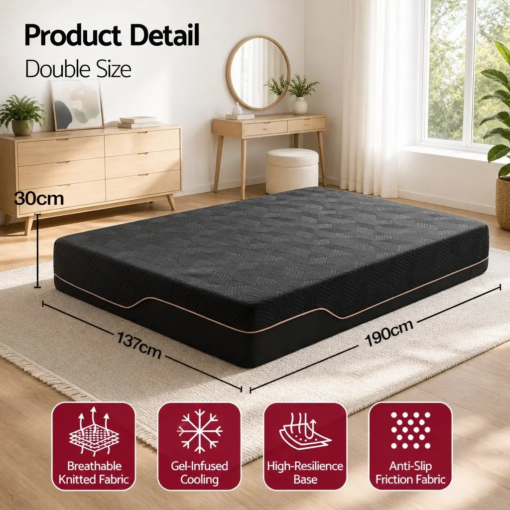 Double Cooling Memory Foam Mattress 30cm Medium Firm Gel Comfort Bed in a Box