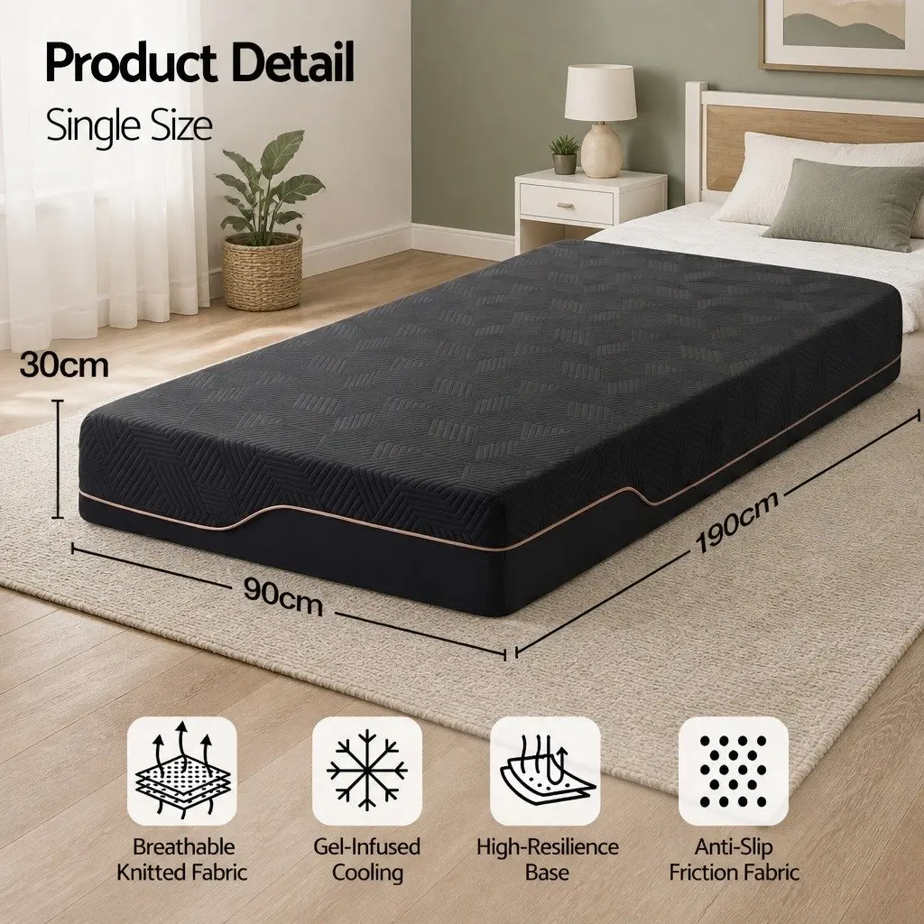Single Memory Foam Mattress 30cm Gel Infused Medium Firm Black