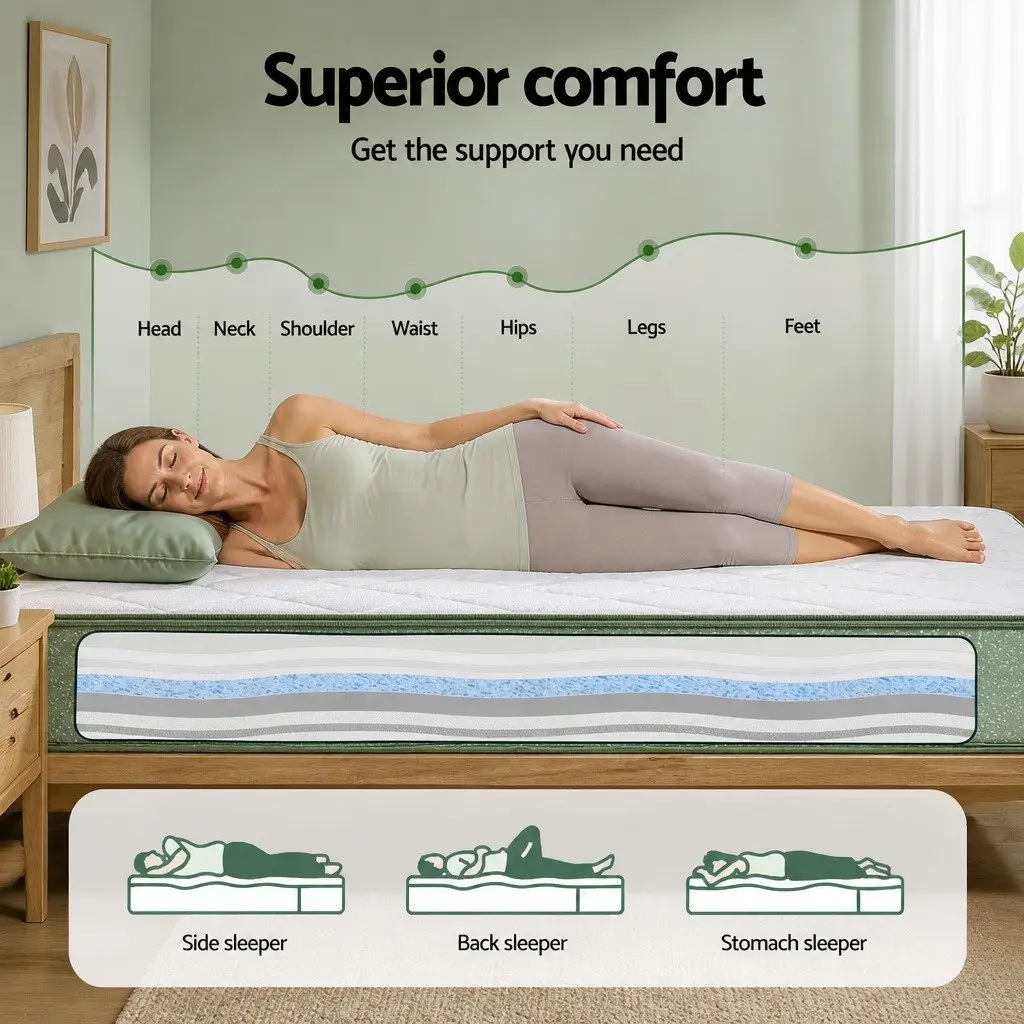 King Single Memory Foam Mattress 25cm Cooling Gel Charcoal Zipped Cover Firm Green and White