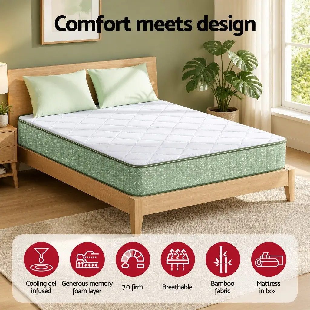Queen Memory Foam Mattress 25cm Cooling Gel Infused Foam Dual Layer Bamboo Zipped Cover Green and White