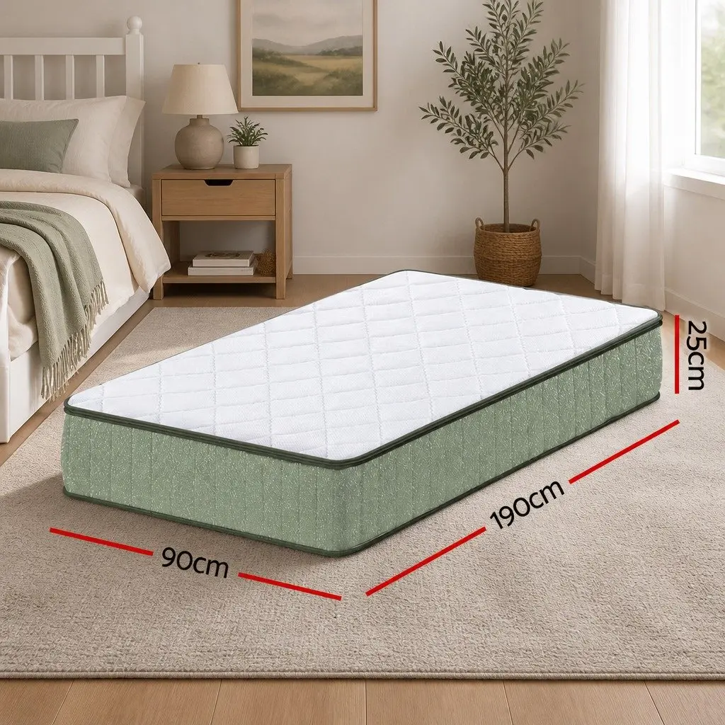 Single Memory Foam Mattress 25cm Cooling Gel Charcoal Zipped Cover Green White Firm Support