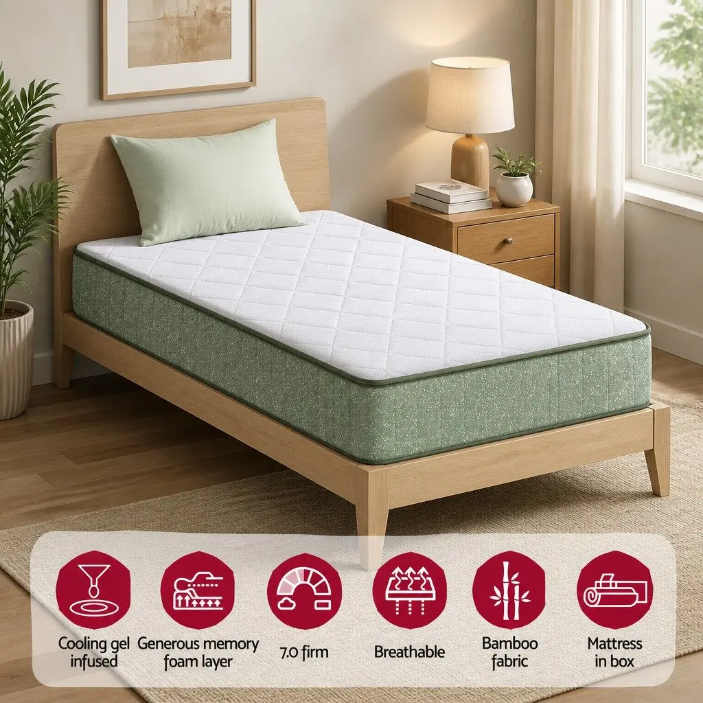 Single Memory Foam Mattress 25cm Cooling Gel Charcoal Zipped Cover Green White Firm Support