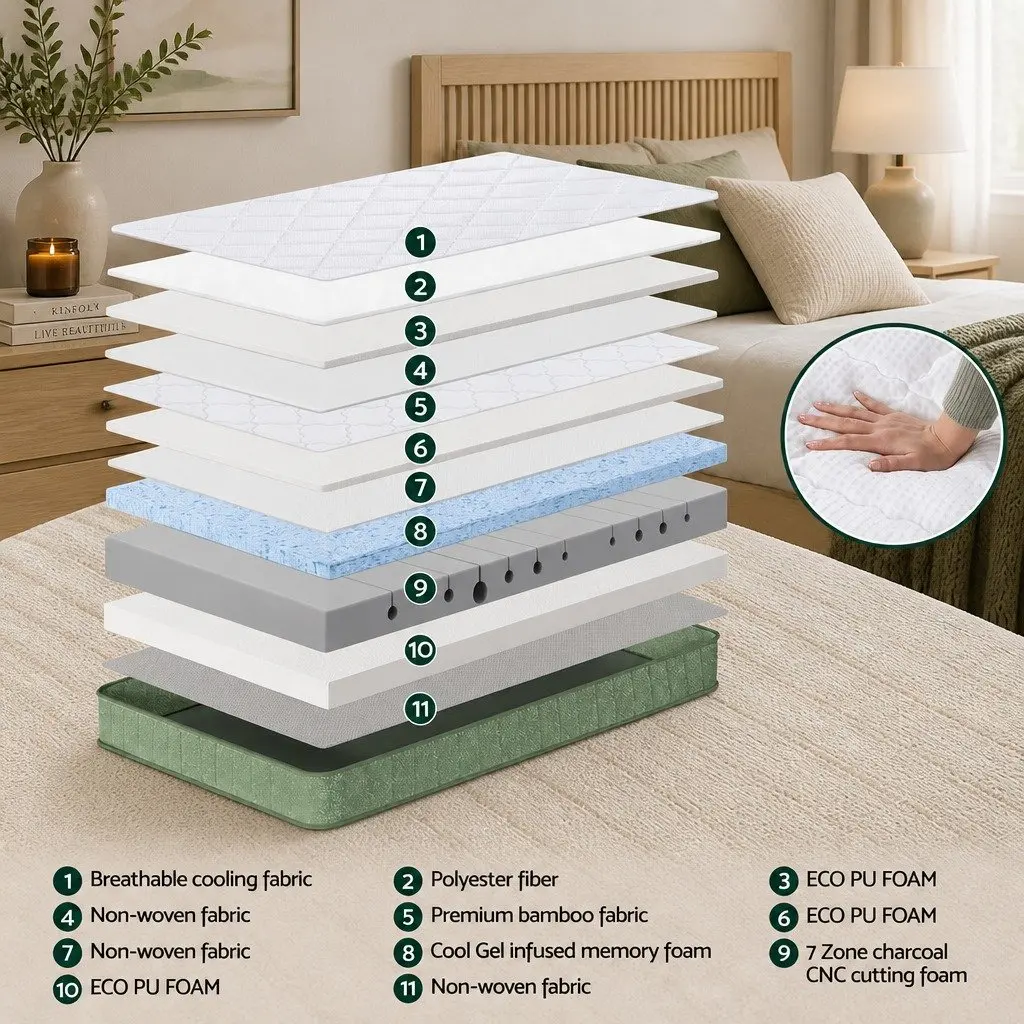 Single Memory Foam Mattress 25cm Cooling Gel Charcoal Zipped Cover Green White Firm Support