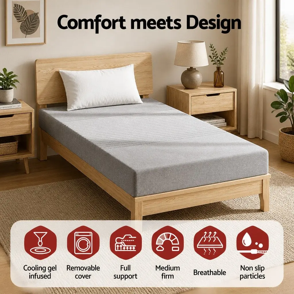 King Single Memory Foam Mattress 15cm Cool Gel 7-Zone Support Bamboo Cover Grey