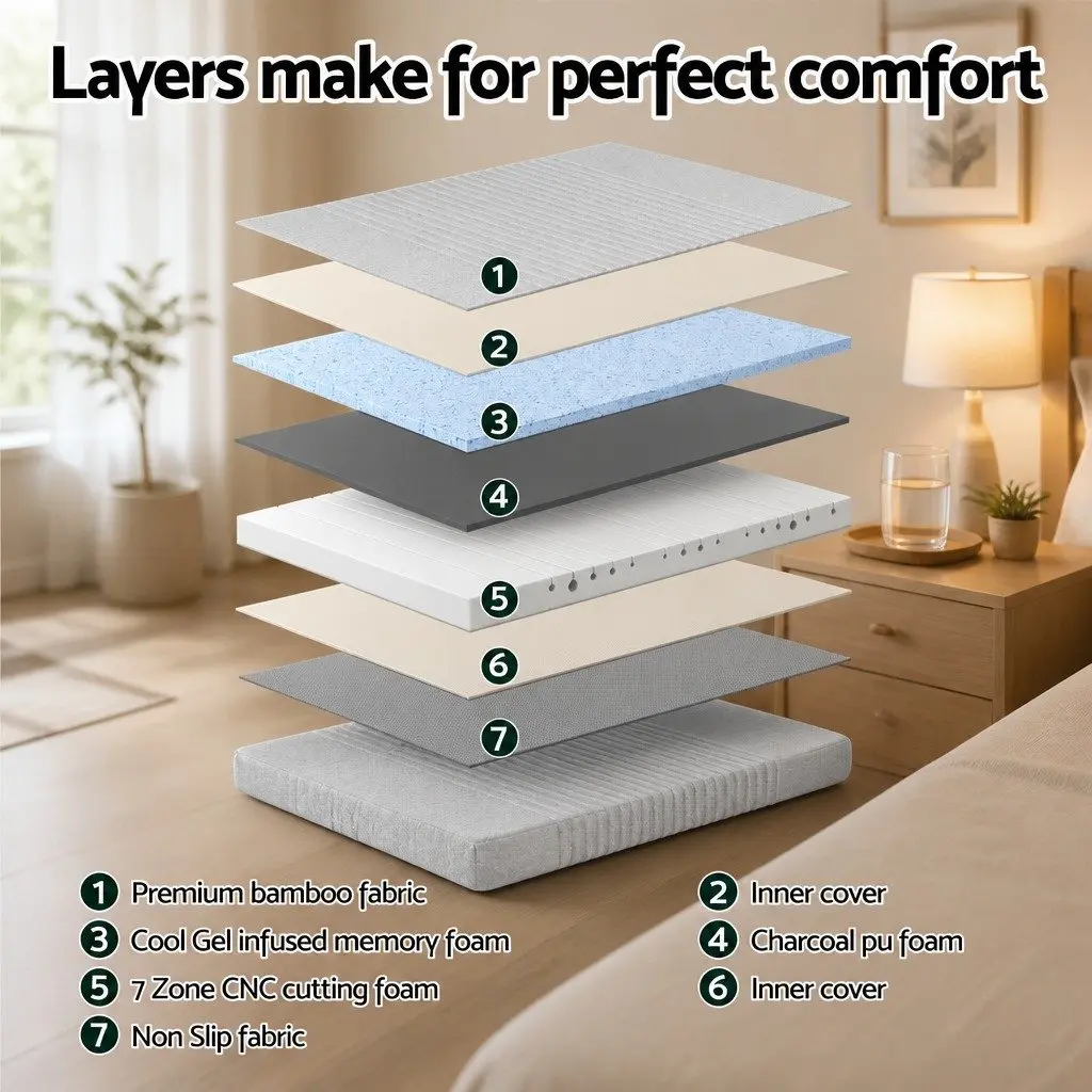 King Single Memory Foam Mattress 15cm Cool Gel 7-Zone Support Bamboo Cover Grey