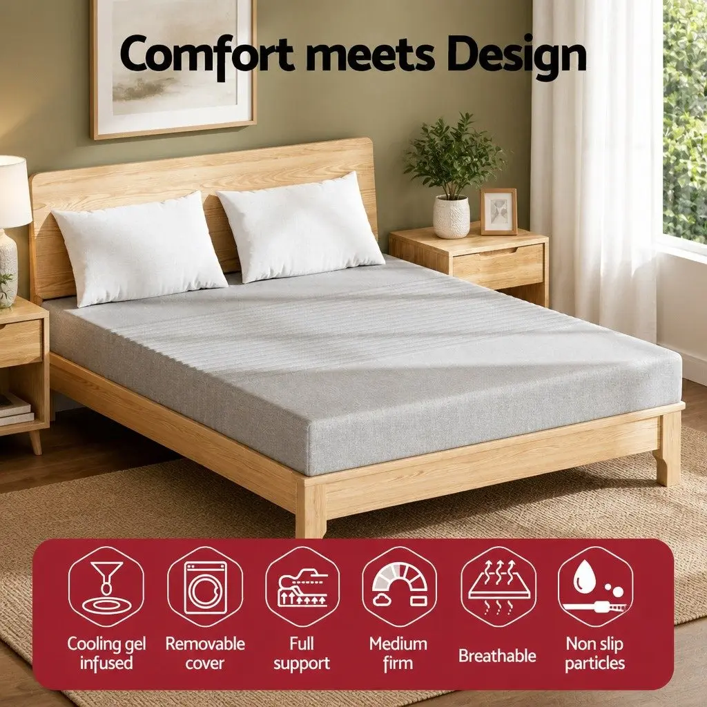 Queen Mattress Medium-Firm 15cm Memory Foam Cooling Gel Infused Bamboo Cover Grey 7-Zone Support