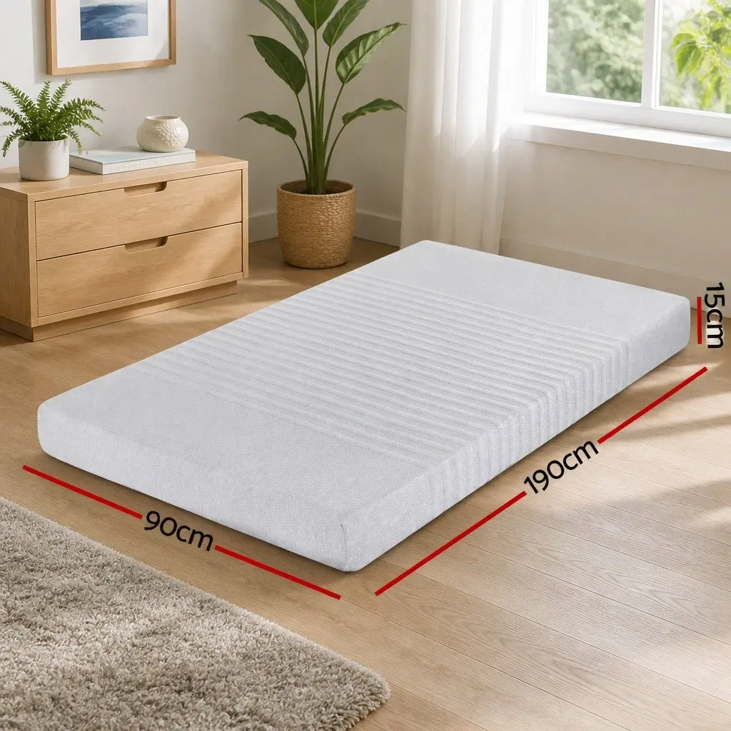 Single Mattress Bamboo Cover Grey 15cm Cool Gel Memory Foam 7 Zone Support Medium Firm