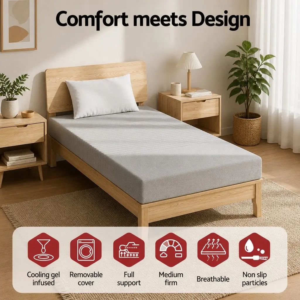 Single Mattress Bamboo Cover Grey 15cm Cool Gel Memory Foam 7 Zone Support Medium Firm