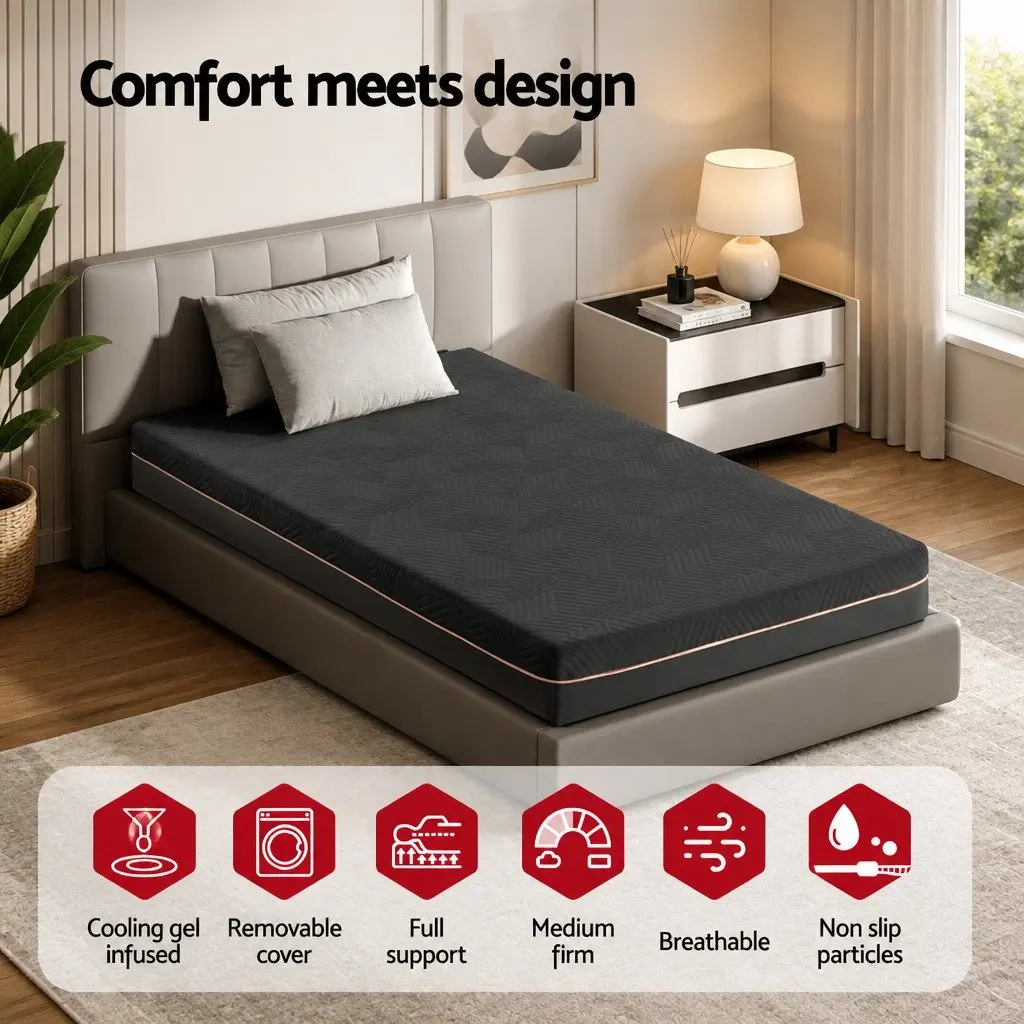 King Single Memory Foam Mattress 18cm Cooling Gel Green Tea Foam Black