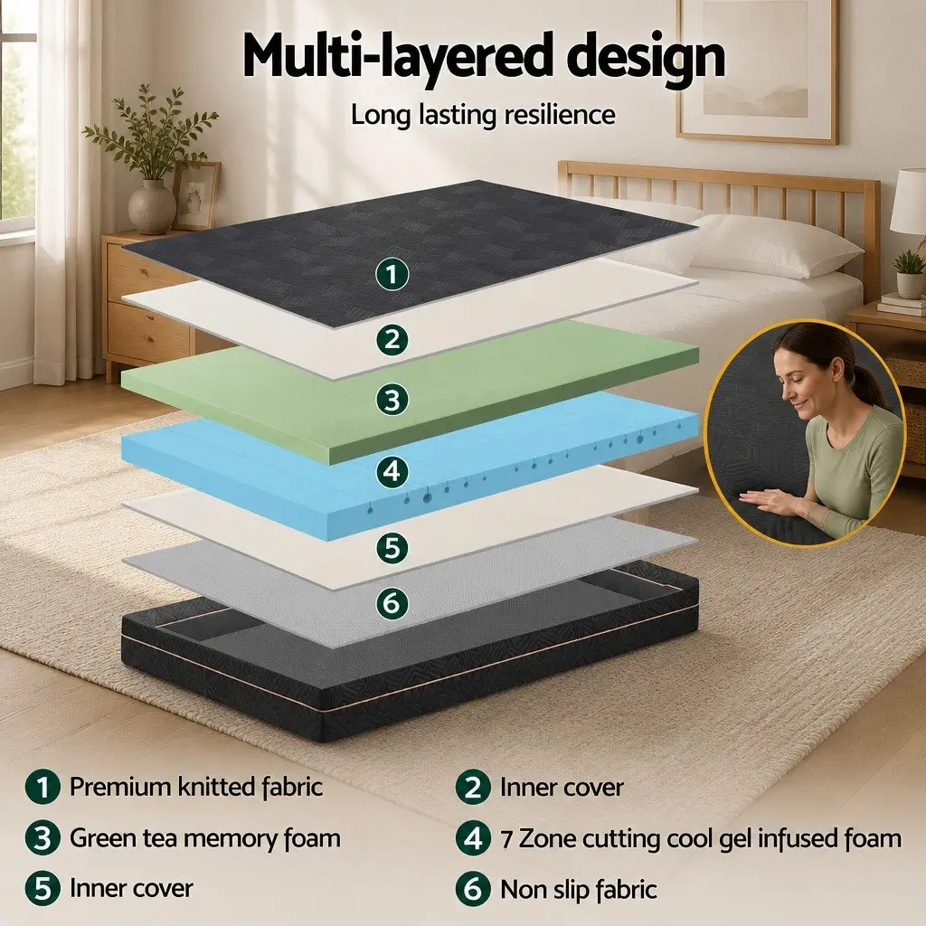 King Single Memory Foam Mattress 18cm Cooling Gel Green Tea Foam Black