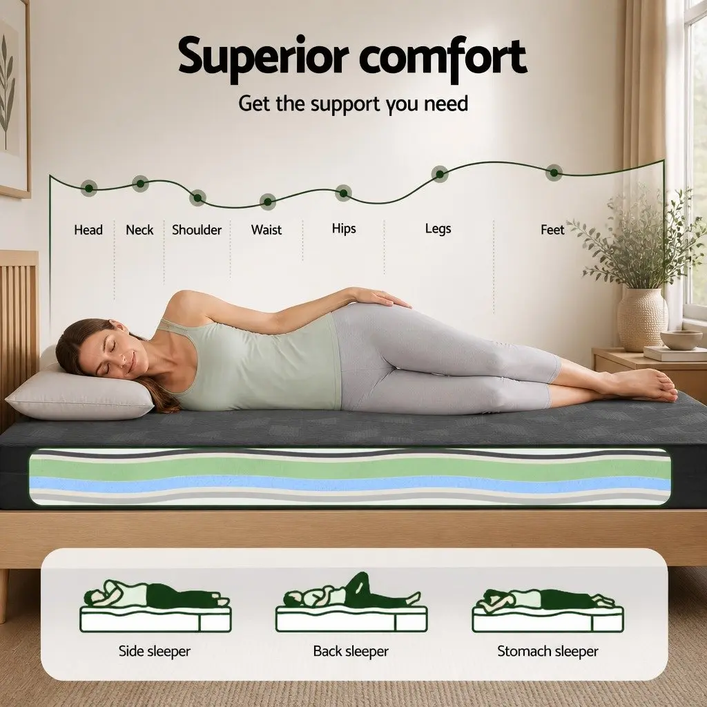 King Single Memory Foam Mattress 18cm Cooling Gel Green Tea Foam Black