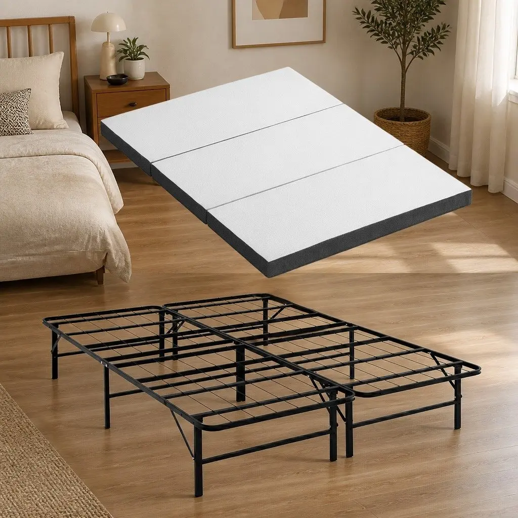 Folding Bed with Mattress Double Guest Portable Foldable Compact Storage Bamboo