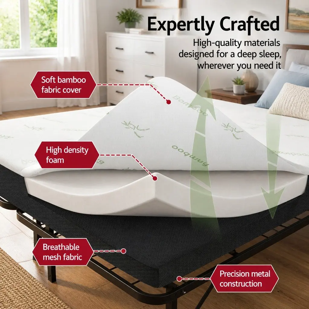 Folding Bed with Mattress Double Guest Portable Foldable Compact Storage Bamboo
