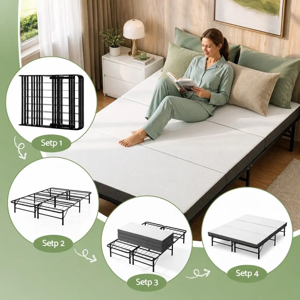 Folding Bed with Mattress Double Guest Portable Foldable Compact Storage Bamboo