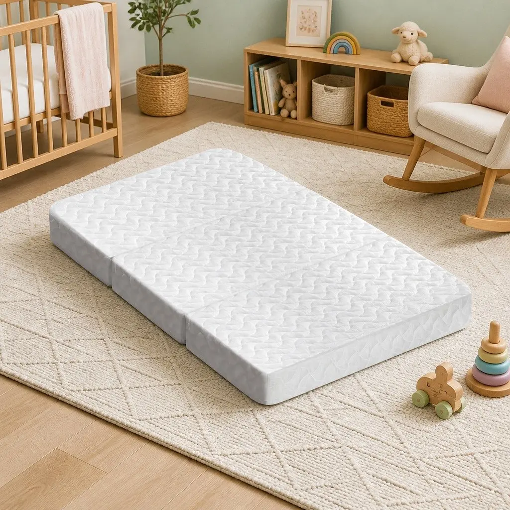 Foldable Foam Cot Mattress White 3-Fold Portable Baby Sleep Mat Lightweight