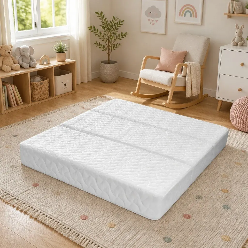 Foldable Foam Cot Mattress White 3-Fold Portable Baby Sleep Mat Lightweight