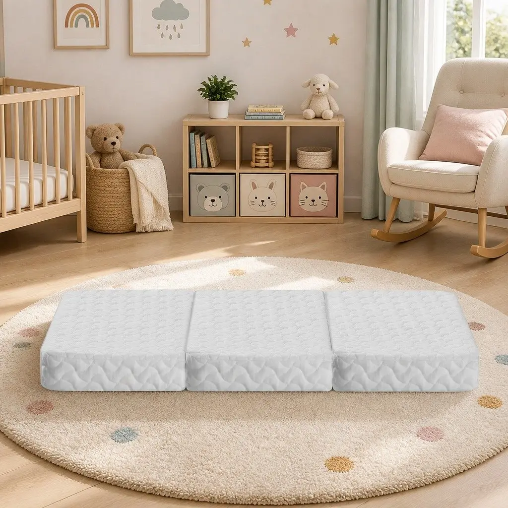 Foldable Foam Cot Mattress White 3-Fold Portable Baby Sleep Mat Lightweight