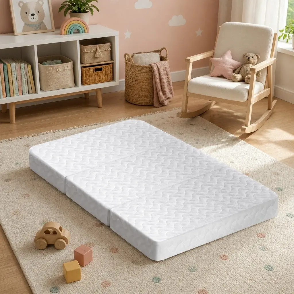 Foldable Foam Cot Mattress White 3-Fold Portable Baby Sleep Mat Lightweight