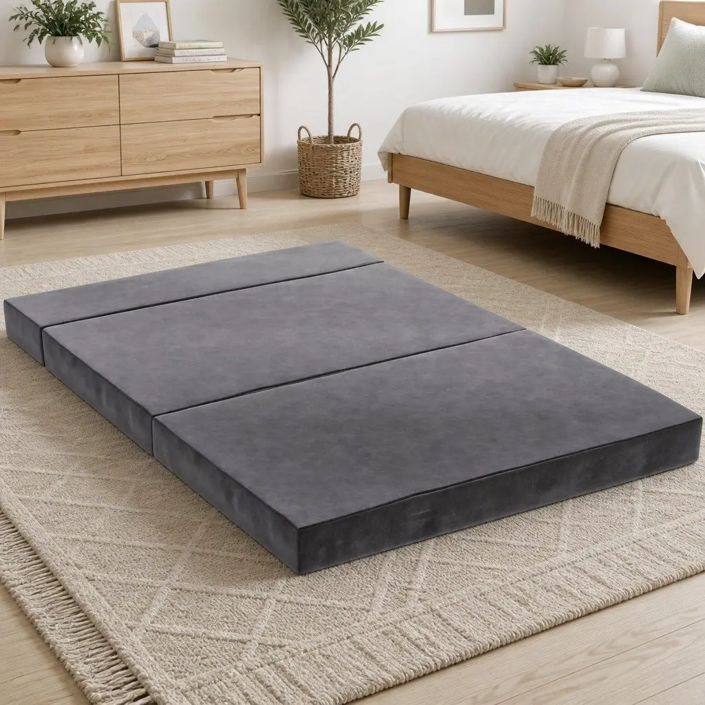 Foldable Foam Mattress Double Bed Sofa Grey Velvet Folding Storage Sleeping Mat