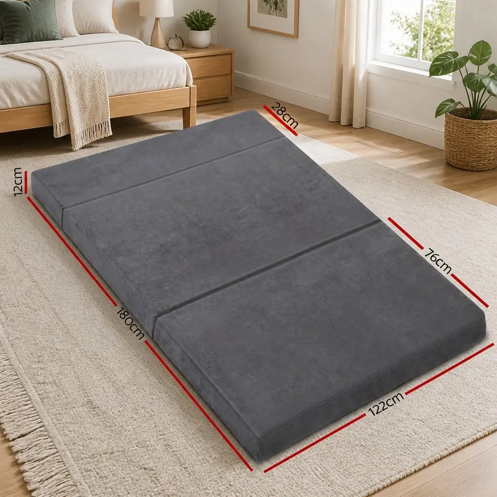 Foldable Foam Mattress Double Bed Sofa Grey Velvet 180 x 122 x 12 cm