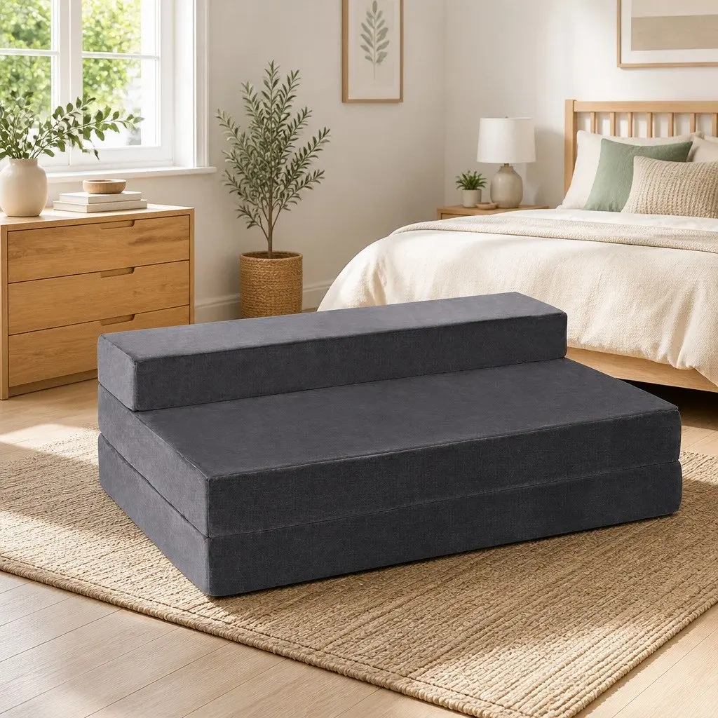 Foldable Foam Mattress Double Bed Sofa Grey Velvet 180 x 122 x 12 cm