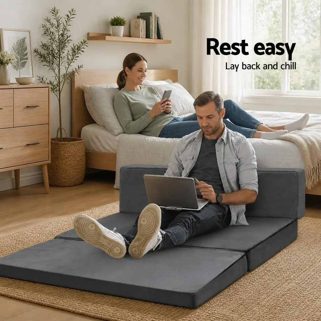 Foldable Foam Mattress Double Bed Sofa Grey Velvet 180 x 122 x 12 cm