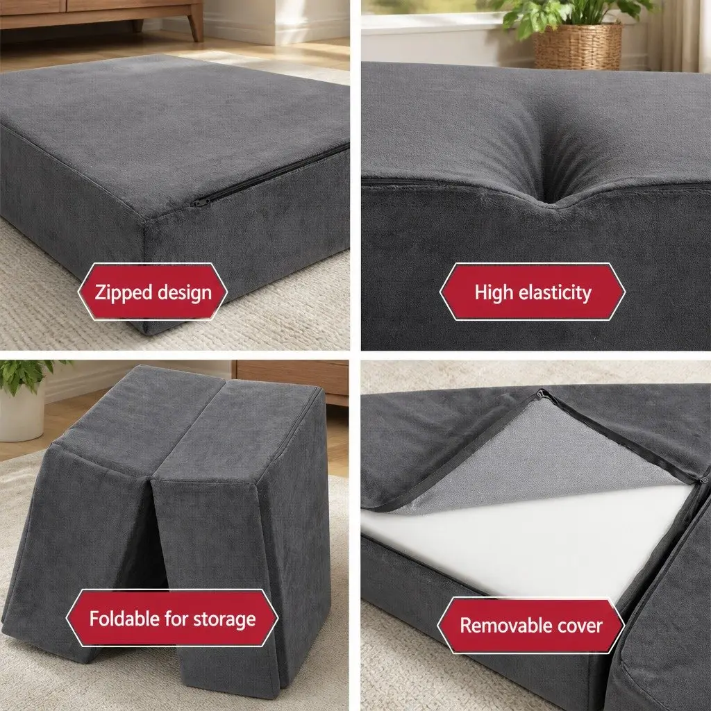 Foldable Foam Mattress Double Bed Sofa Grey Velvet 180 x 122 x 12 cm